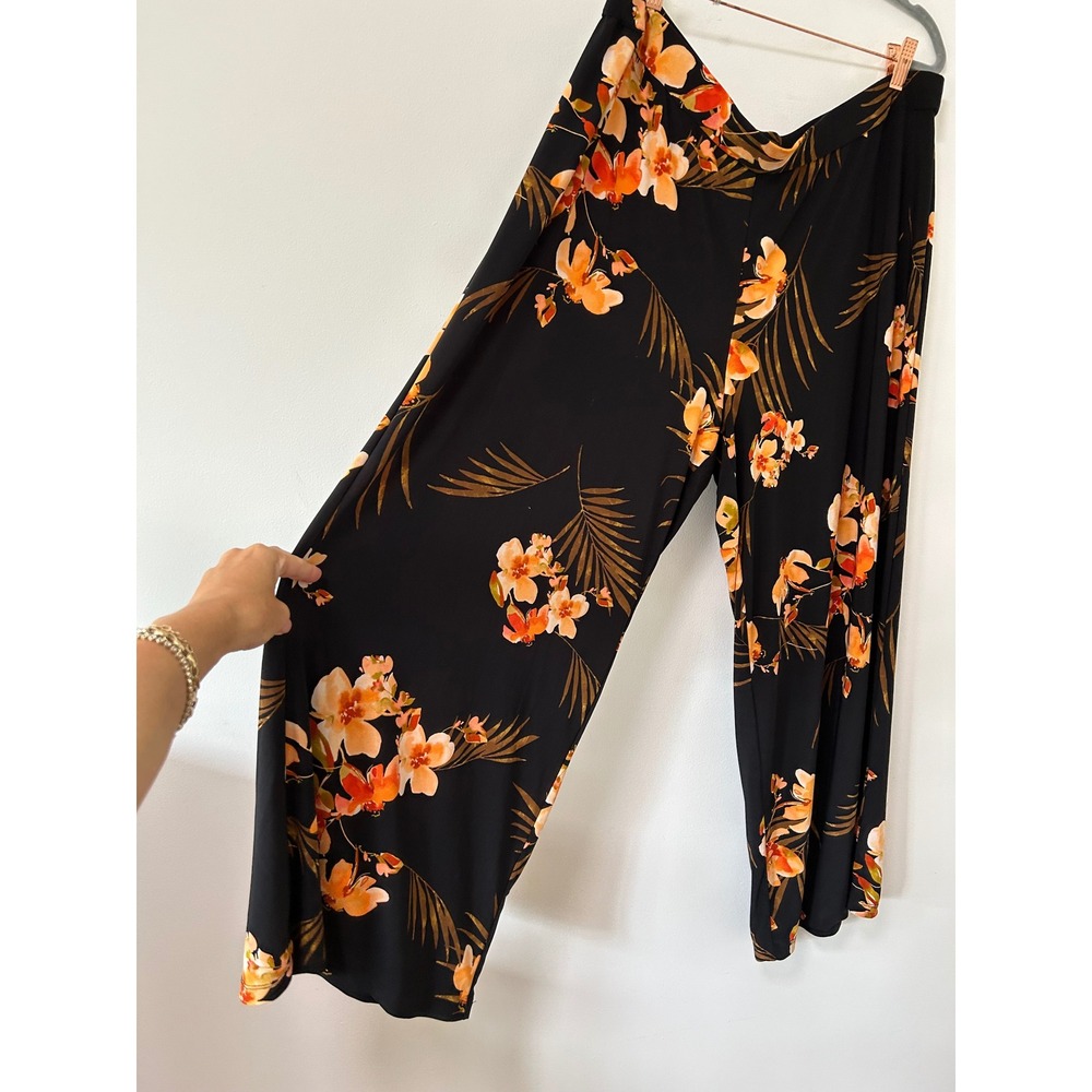 Dennis by Dennis Basso Tropical Floral Wide Leg Pants Women XLP Black Tropical